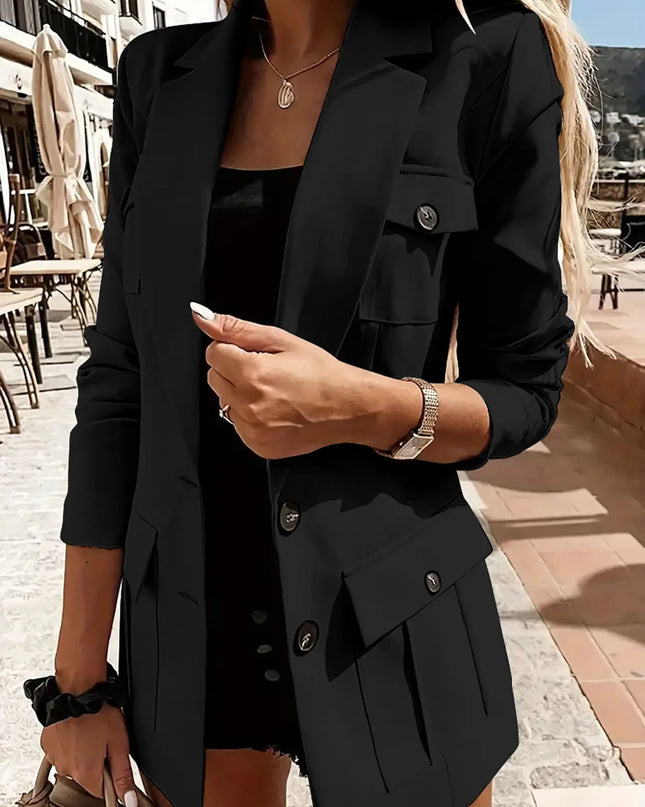 Lapel Collar Long Sleeve Blazer Black