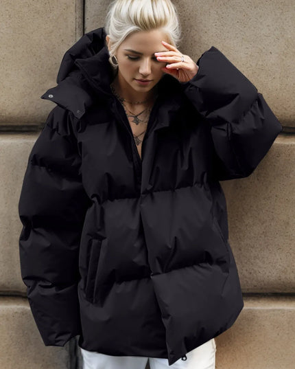 Pocketed Zip Up Hooded Puffer Jacket Black
