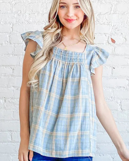 And The Why Plaid Print Smocked Detail Ruffle Baby Doll Top