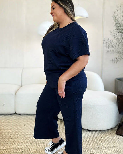 Double Take Full Size Texture Short Sleeve Top and Pants Set