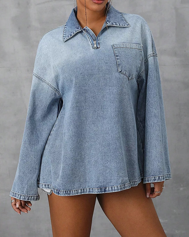 Collared Neck Drop Shoulder Denim Top