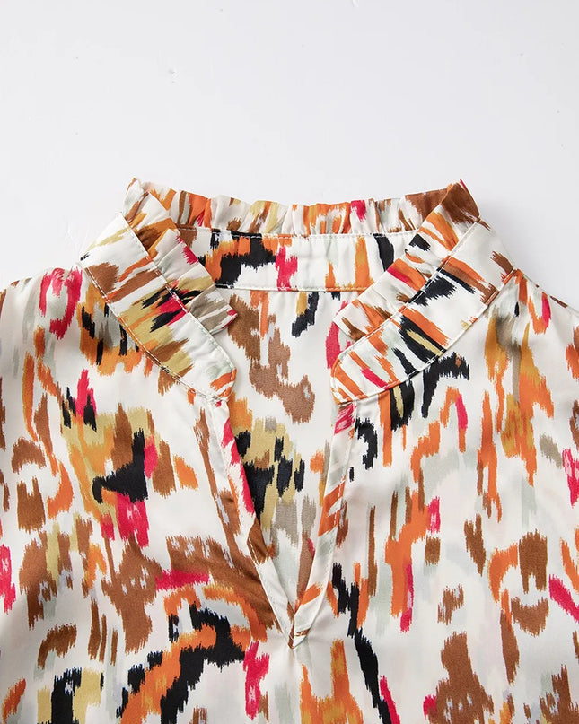 Abstract Print 3/4 Sleeve Ruffle Blouse