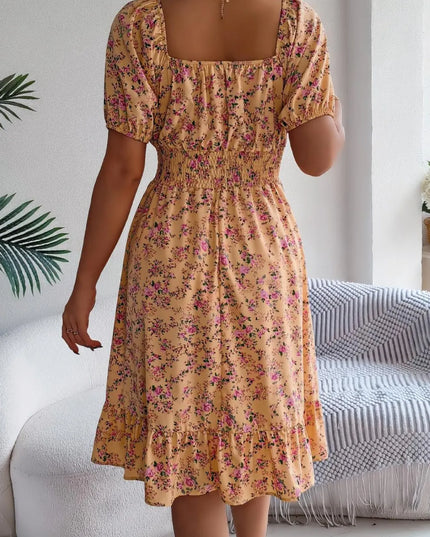 Ruffled Hem Floral Puff Sleeve Dress