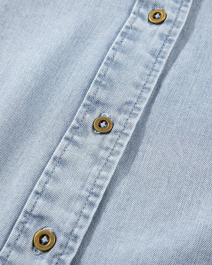 Ruffle Short Puff Sleeve Button Down Denim Shirt 