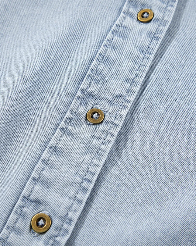 Ruffle Short Puff Sleeve Button Down Denim Shirt 