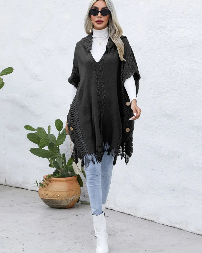 Fringe Trim Buttoned Hooded Poncho Black One Size