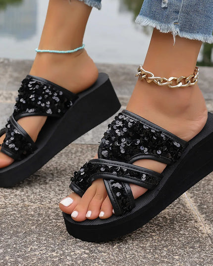 Sequin Platform Wedge Sandals 
