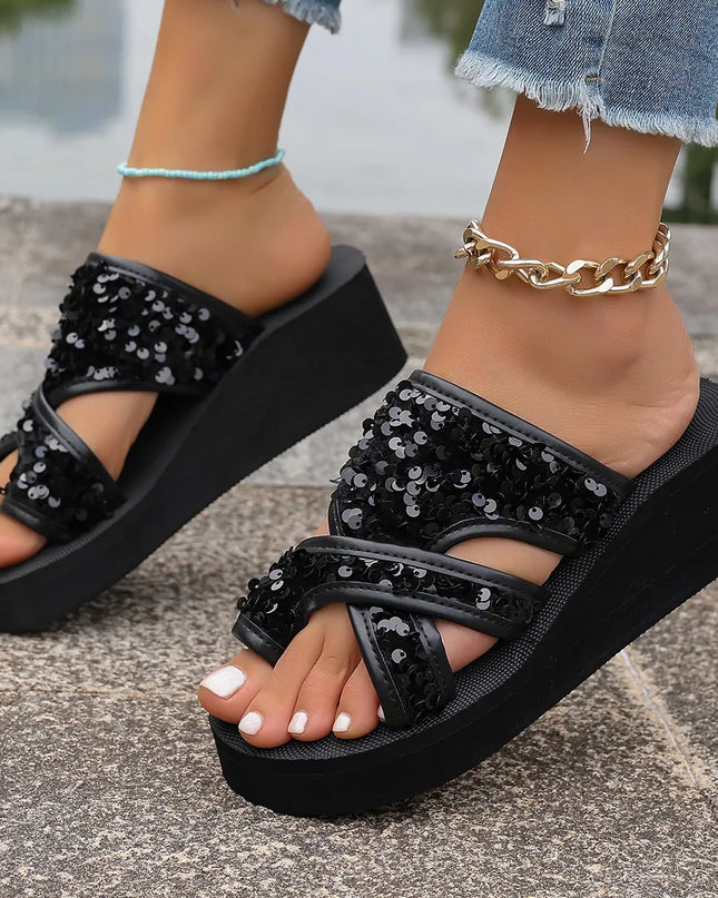 Sequin Platform Wedge Sandals 