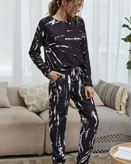 Shiny Tie-Dye Round Neck Top and Drawstring Waist Joggers Lounge Set Black