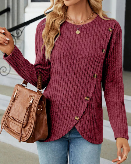 Ribbed Knit Decor Button T-Shirt Deep Purple