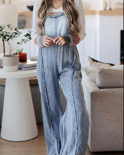 Frayed Exposed Seam Wide Leg Denim Overalls