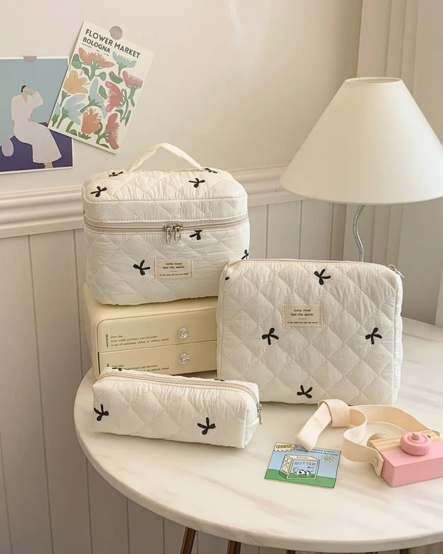 3 Piece Bow Quilted Cloth Storage Bag Set Beige One Size