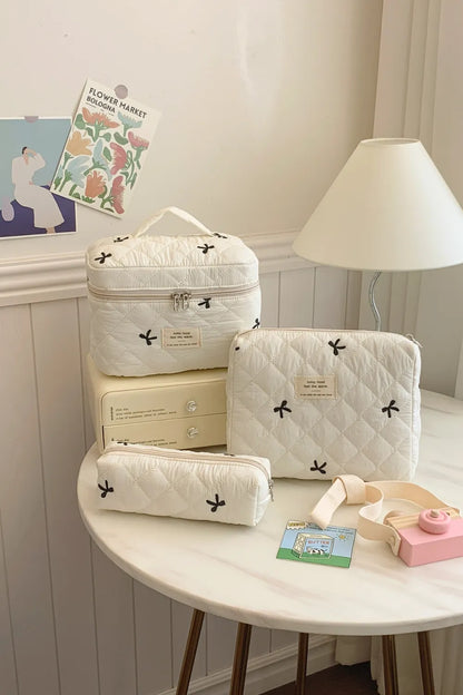 3 Piece Bow Quilted Cloth Storage Bag Set Beige One Size