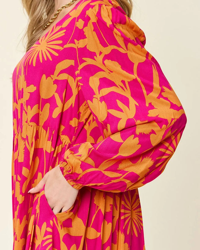 Double Take Full Size Printed Ruffle Hem Dress with Pocket