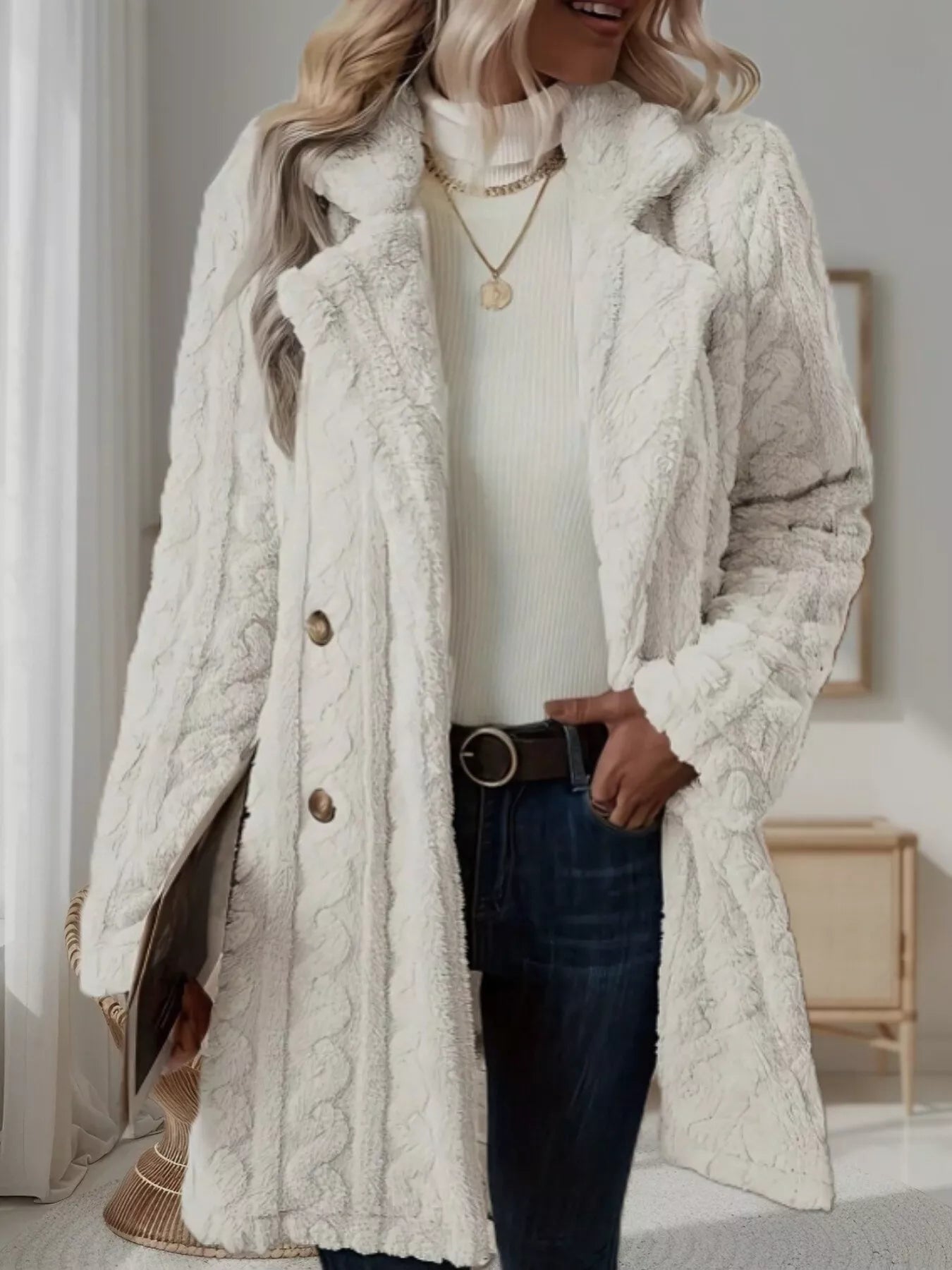 Double-Breasted Fleece Longline Coat White