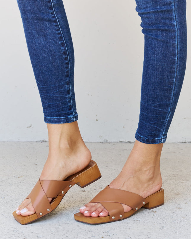 Weeboo Step Into Summer Criss Cross Wooden Clog Mule in Brown