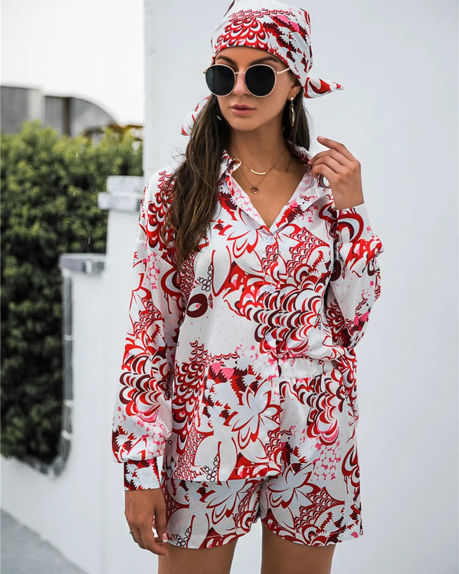 Printed Button Up Long Sleeve Shirt and Shorts Set