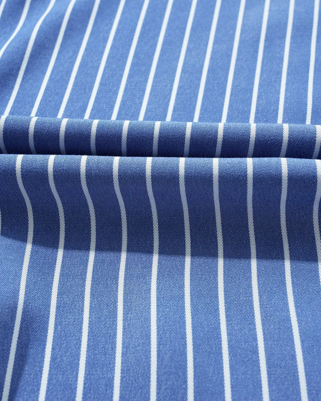 Stripe Frilly Split Neck Shirred Ruffle Sleeve Short Shift Dress