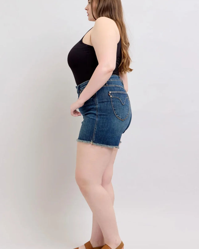Judy Blue Tummy Control Fray Hem & Shield Back Pockets Denim Shorts
