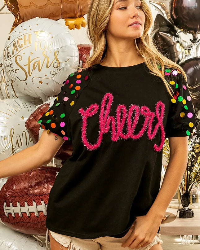 BiBi Metallic Letter Spangle Raglan Puff Sleeve Top