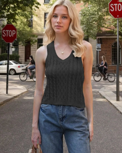 Cable-Knit V-Neck Knit Tank Black