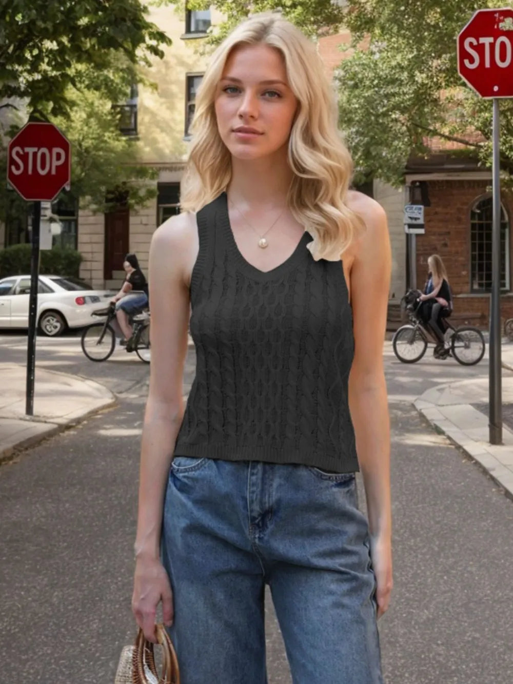 Cable-Knit V-Neck Knit Tank Black