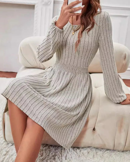 Smocked Round Neck Long Sleeve Knee Length Dress