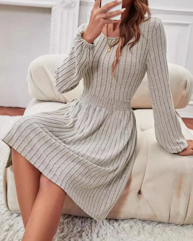 Smocked Round Neck Long Sleeve Knee Length Dress