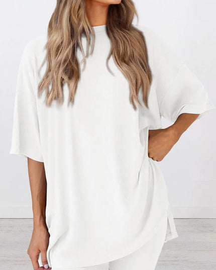 Full Size Oversized Slit Round Neck Top and Shorts Lounge Set Plus Size 