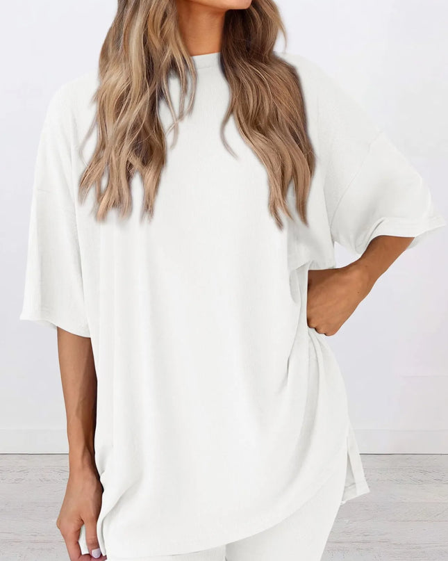 Full Size Oversized Slit Round Neck Top and Shorts Lounge Set Plus Size 