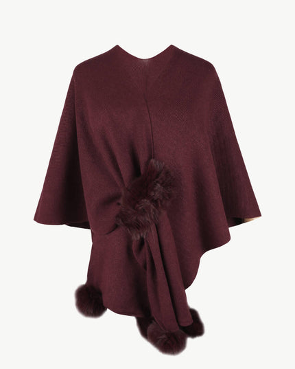 Surplice Neck Pom-Pom Trim Poncho Wine One Size