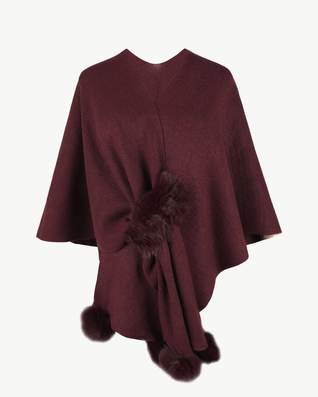 Surplice Neck Pom-Pom Trim Poncho Wine One Size
