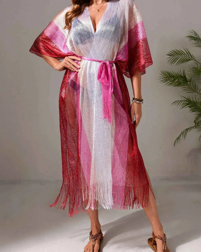 Gradient Fringe Kimono Cover-Up