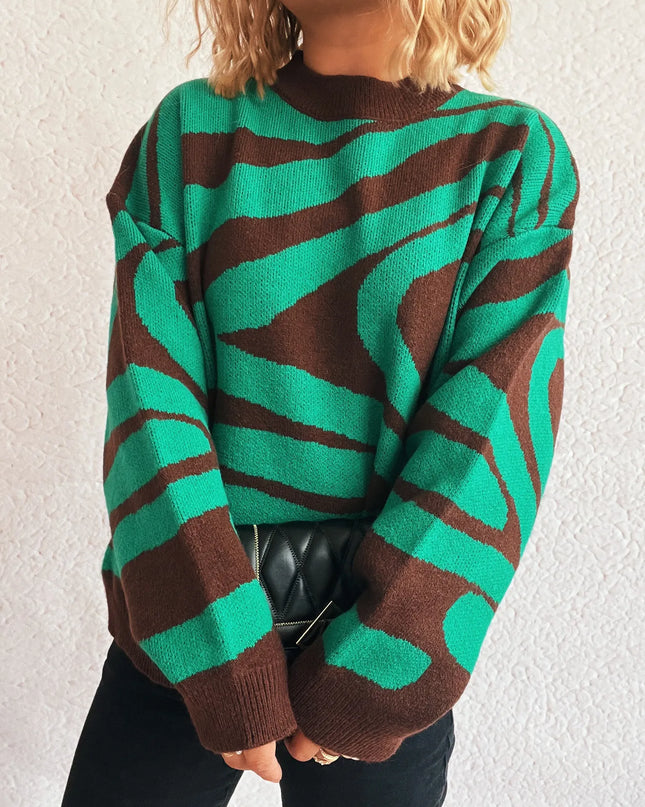 Zebra Print Round Neck Sweater Rose Pink One Size