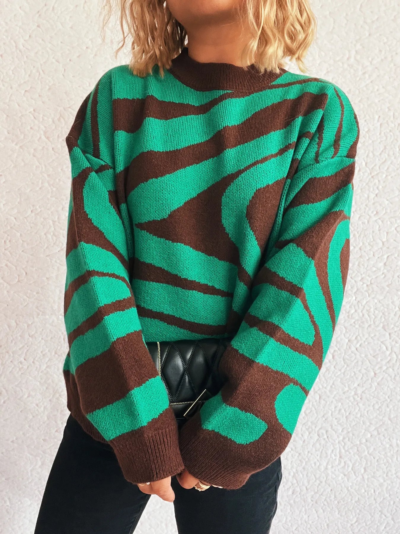 Zebra Print Round Neck Sweater Rose Pink One Size