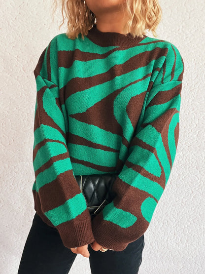 Zebra Print Round Neck Sweater Rose Pink One Size