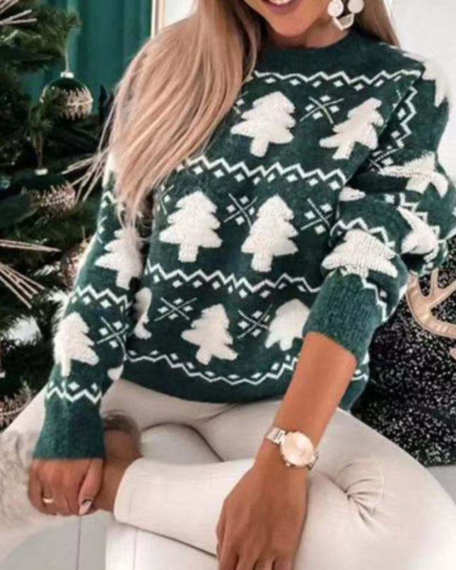 Christmas Tree Pattern Long Sleeve Sweater Green