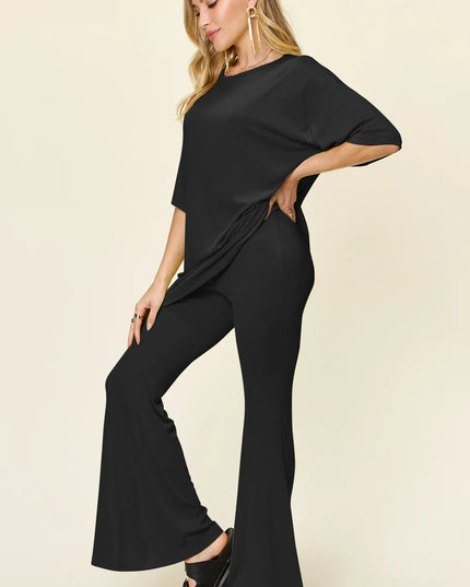 Double Take Full Size Round Neck Drop Shoulder T-Shirt and Flare Pants Set