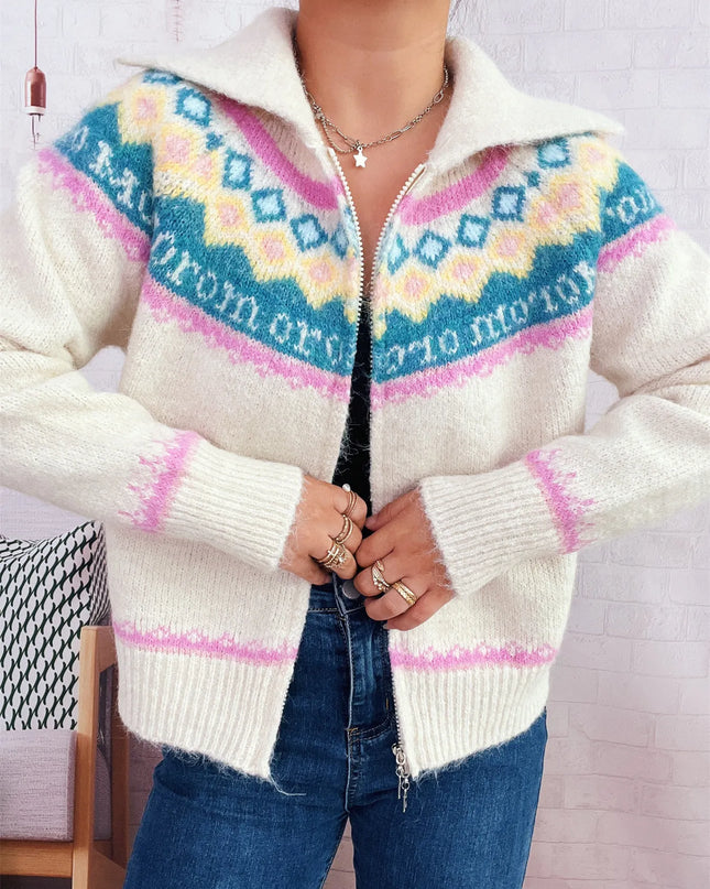 Fair Isle Pattern Zip-Up Cardigan
