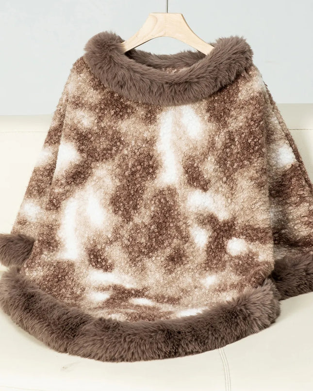 Furry Contrast Three-Quarter Poncho Taupe One Size