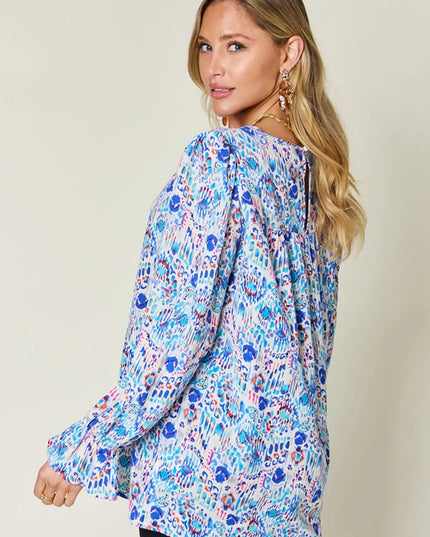 Double Take Full Size Printed Flounce Sleeve Blouse
