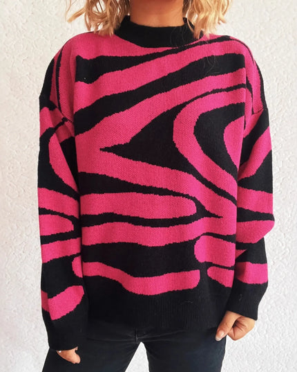 Zebra Print Round Neck Sweater Green One Size