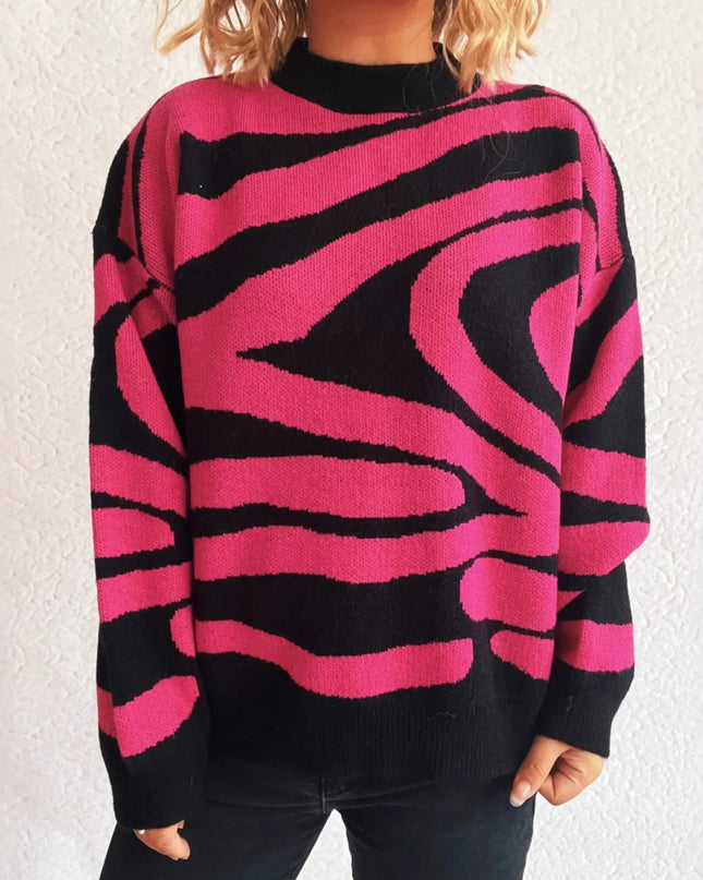 Zebra Print Round Neck Sweater Green One Size