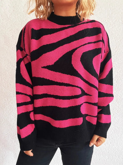Zebra Print Round Neck Sweater Green One Size