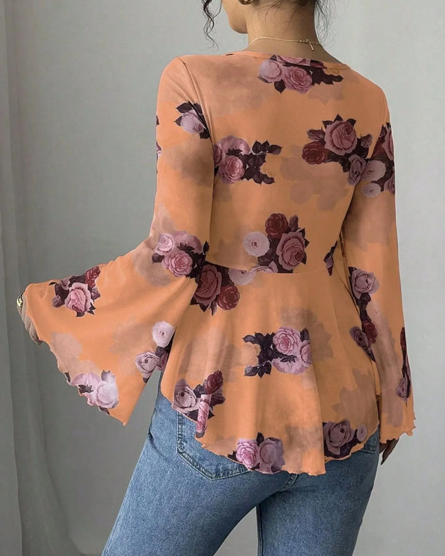 Floral Tie Front Flare Sleeve Blouse