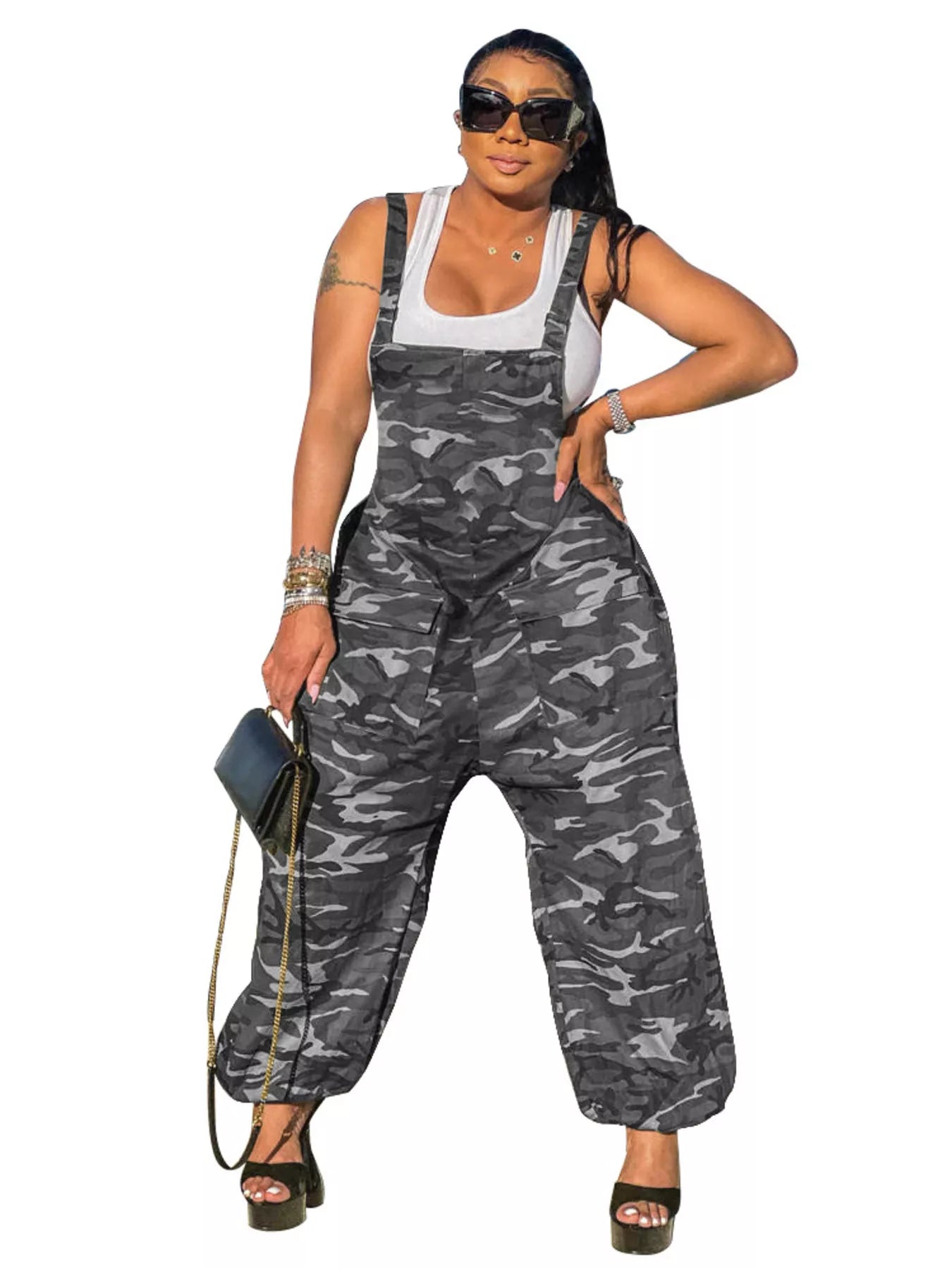 Casual Camouflage Square Neck Overalls Gray Camouflage