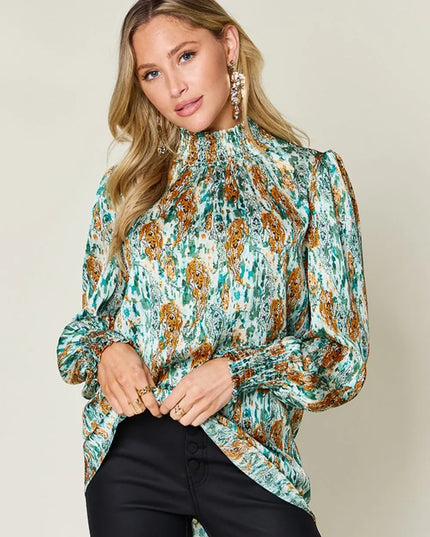 Double Take Full Size Printed Smocked Long Sleeve Blouse