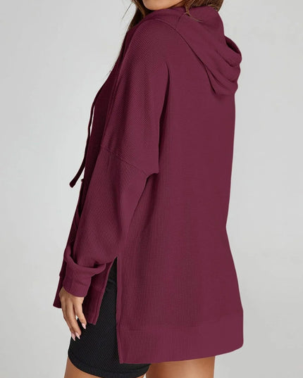 Slit Drawstring Waffle Knit Hoodie