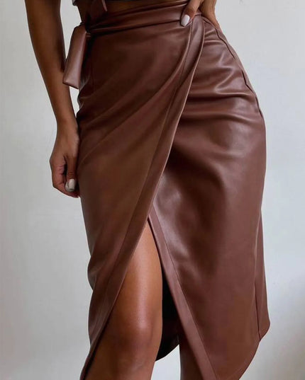 Slit Leather Midi Skirt Coffee Brown