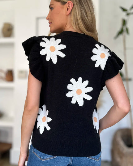 Double Take Full Size Ruffled Flower Round Neck Cap Sleeve Sweater